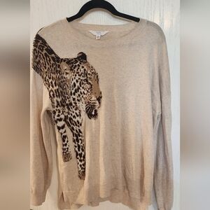 Time and Tru Beige Sweater with Leopard Design